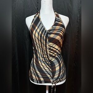 Have Plaid Halter Tank Top in Black, Brown, and Cream